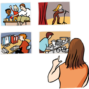 Frau schaut auf vier verschiedene Illustrationen von Berufen.